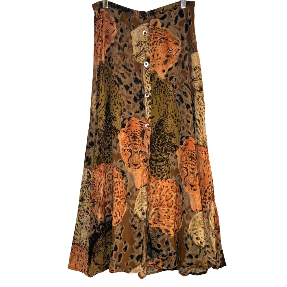 Vintage Carole Little Saint-Tropez West Leopard Jungle Print Button Midi Skirt S